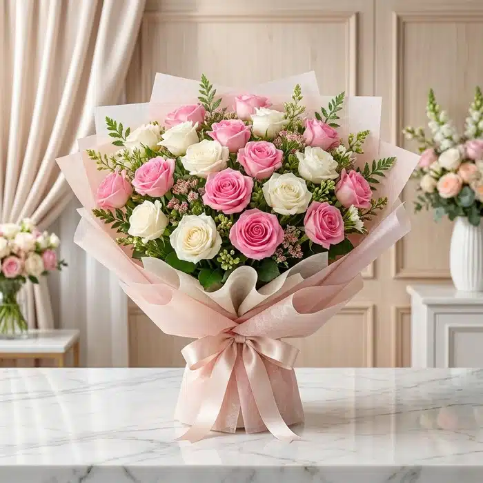 Bouquet de Rosas Rosadas y Blancas LARAINA: Elegancia Primaveral Bouquet de 18 rosas rosadas y blancas, con follaje verde, envuelto en papel coreano rosa claro y atado con un lazo de satén,