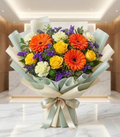 Bouquet Floral SABRINA con rosas amarillas, gerberas naranjas y flores de relleno moradas, envuelto en papel coreano elegante
