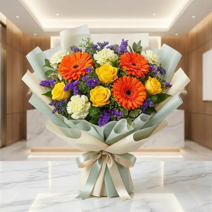 Bouquet Floral SABRINA: Rosas y Gerberas Amarillas Vibrantes para Regalar Bouquet Floral SABRINA con rosas amarillas, gerberas naranjas y flores de relleno moradas, envuelto en papel coreano elegante