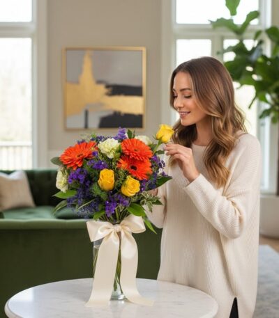 Mujer joven sonriendo y oliendo delicadamente una rosa amarilla de un bouquet vibrante con gerberas naranjas, rosas amarillas