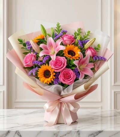 Bouquet SOFIA con rosas rosadas, lirios rosados y girasoles, envuelto en papel coreano elegante sobre mármol blanco, ideal pa