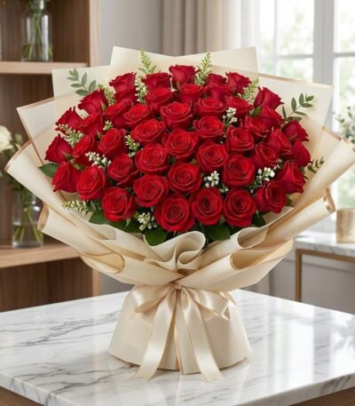 Impresionante Bouquet TIZIANA con 80 rosas rojas premium, empaque coreano elegante, sobre mármol, ideal para ecommerce de flo
