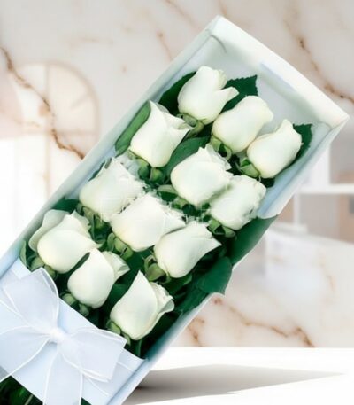 Caja de 12 rosas blancas frescas con moño blanco, presentadas elegantemente sobre un fondo de mármol claro, ideal para ecomme
