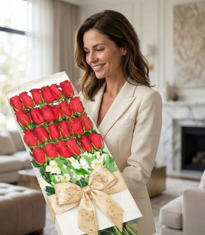 Mujer elegante sonriendo y admirando una caja blanca con 24 rosas rojas frescas y un moño dorado, en un lujoso salón.