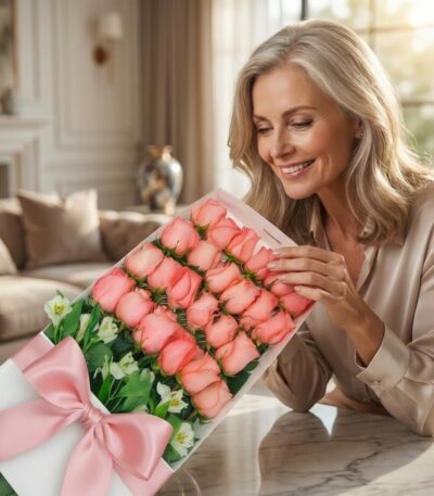 Mujer elegante de mediana edad admirando una caja blanca con 24 rosas rosadas frescas y un moño de seda rosa en un lujoso int