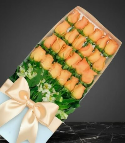 Caja premium de 24 rosas salmón frescas con follaje verde y lazo de satén, sobre fondo oscuro elegante.