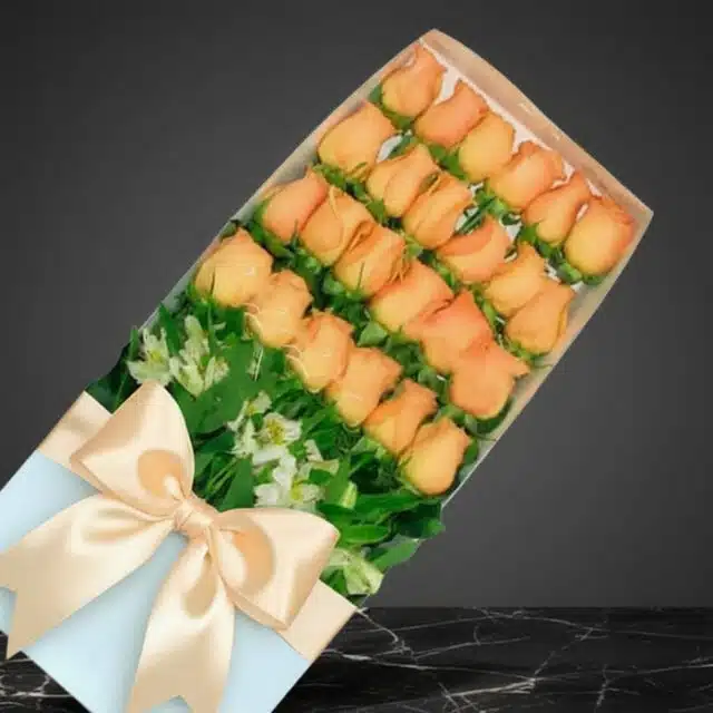 Caja premium de 24 rosas salmón frescas con follaje verde y lazo de satén, sobre fondo oscuro elegante.