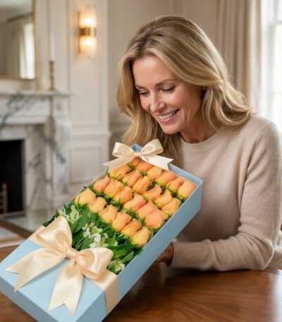 Mujer rubia de mediana edad sonriendo y admirando una caja rectangular azul claro con 24 rosas salmón frescas y follaje verde