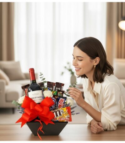 Mujer elegante admirando con deleite la Caja Amadea, un arreglo floral con vino, chocolates y rosas blancas en un hogar de lu