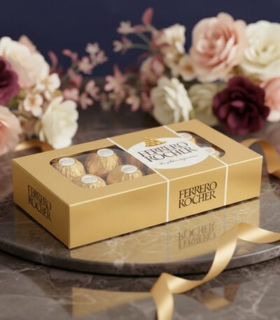 Caja de 8 chocolates Ferrero Rocher dorados sobre una bandeja de mármol con un lazo dorado y un arreglo floral elegante de fo