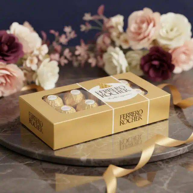 Caja de 8 chocolates Ferrero Rocher dorados sobre una bandeja de mármol con un lazo dorado y un arreglo floral elegante de fo