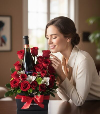 Mujer elegante admirando y oliendo una Caja Floral ENNIO con rosas rojas frescas y una botella de vino tinto, en un ambiente