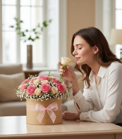 Mujer joven admirando y oliendo una rosa blanca de una Caja Floral GIADA con rosas rosadas y blancas, en un entorno de hogar