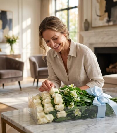 Mujer elegante sonriendo mientras admira y toca delicadamente una rosa blanca de una caja transparente con 18 rosas y alstroe