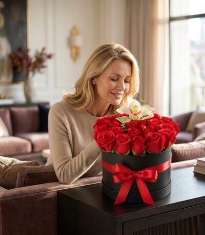 Mujer rubia elegante sonriendo y oliendo una caja redonda negra de rosas rojas con un lazo rojo y una orquídea blanca, en un