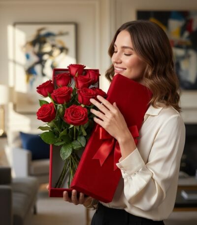 Mujer joven sonriente y elegante sosteniendo una caja de rosas rojas de exportación en un hogar de lujo con luz natural.