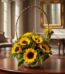 Canasta floral con 12 girasoles vibrantes y follaje verde, sobre una mesa de madera pulida en un recibidor elegante con espej