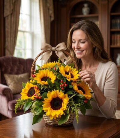 Mujer elegante sonriendo y admirando una canasta floral con 12 girasoles, bayas rojas y follaje verde en un lujoso interior d