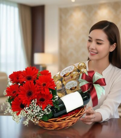 Mujer joven sonriendo y admirando una canasta de regalo con gerberas rojas, vino y chocolates Ferrero Rocher, en un hogar de
