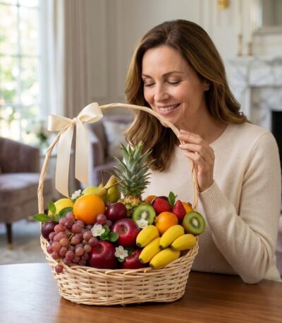 Mujer elegante admirando una canasta de mimbre llena de frutas frescas como piña, uvas, manzanas, plátanos y kiwis, con un mo