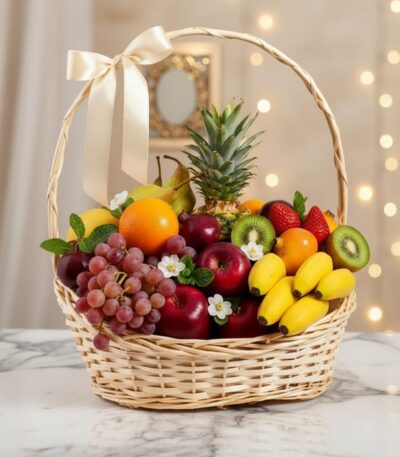 Canasta de mimbre con frutas frescas variadas como piña, uvas, manzanas, kiwis, naranjas, peras, fresas y plátanos, decorada