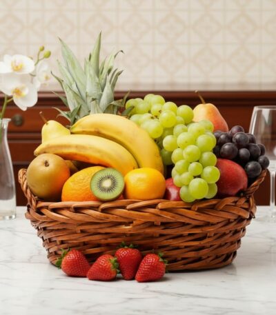 Canasta de mimbre con una variedad de frutas frescas como uvas verdes y rojas, plátanos, manzanas, peras, naranjas, kiwi, piñ