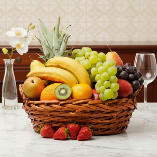 Canasta de mimbre con una variedad de frutas frescas como uvas verdes y rojas, plátanos, manzanas, peras, naranjas, kiwi, piñ