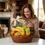 Mujer elegante sonriendo y admirando una canasta de mimbre llena de frutas frescas variadas y orquídeas blancas, con un lazo