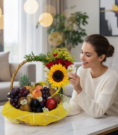 Mujer joven sonriendo y admirando una canasta de frutas Draco con girasol, rosas rojas y follaje, en un hogar de diseño lujos