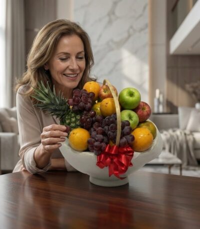 Mujer de mediana edad sonriendo y admirando una canasta de frutas gourmet con piña, uvas, manzanas y naranjas, en un entorno