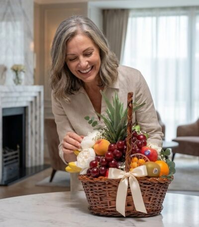 Mujer elegante de mediana edad admirando y tocando delicadamente una Canasta con Frutas Hydra, con piña, uvas, duraznos, plát