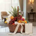 Canasta de mimbre con frutas frescas como uvas, piña, manzanas, duraznos, kiwi y naranjas, decorada con flores blancas y euca