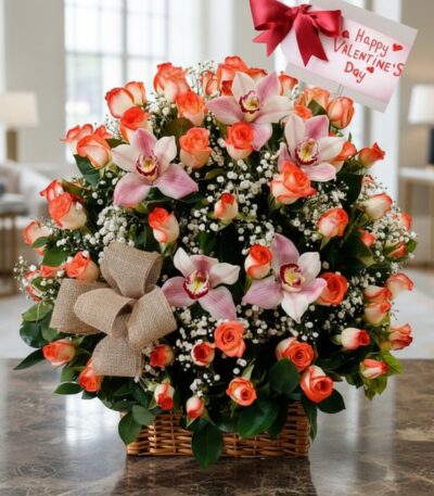 Canasta de rosas naranjas y orquídeas rosadas en un arreglo floral elegante con un lazo de arpillera y una tarjeta de 'Happy