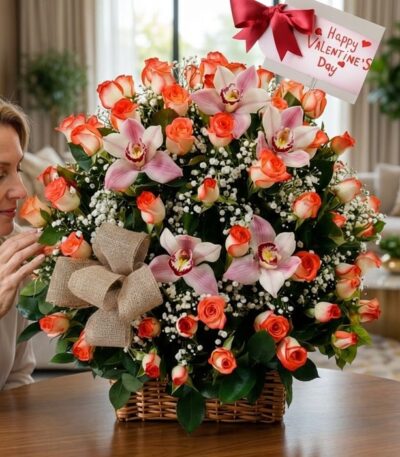 Mujer admirando y oliendo una canasta grande de rosas naranjas y orquídeas rosadas con un moño de rafia y una tarjeta de San