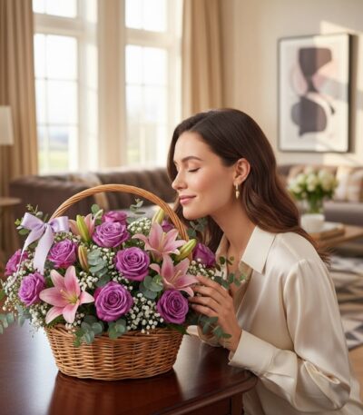 Mujer joven y elegante oliendo una cesta de flores AZURE con rosas moradas y lirios rosados en un salón de diseño moderno.