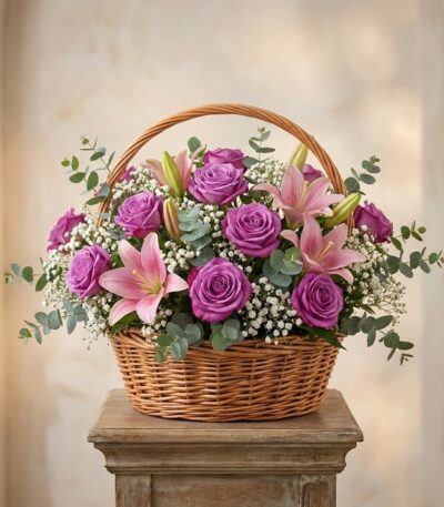 Cesta de flores AZURE con rosas moradas, lirios rosas, paniculata y eucalipto, ideal para regalar en cualquier ocasión especi