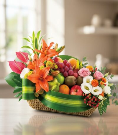 Cesta de frutas THALIA con lirios naranjas, anturios rosas, rosas, uvas, manzanas, kiwis y naranjas, sobre mesa de madera cla
