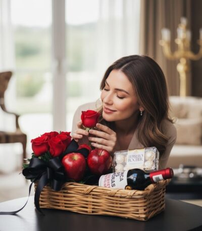 Mujer elegante admirando una rosa roja de la CestaANGELO, que incluye rosas, manzanas, vino y chocolates Ferrero Rocher, en u