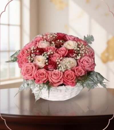 Cesta de Rosas Felicia con 21 flores bicolor, rosas rosadas y rojas, sobre una mesa de madera oscura con fondo elegante y luz