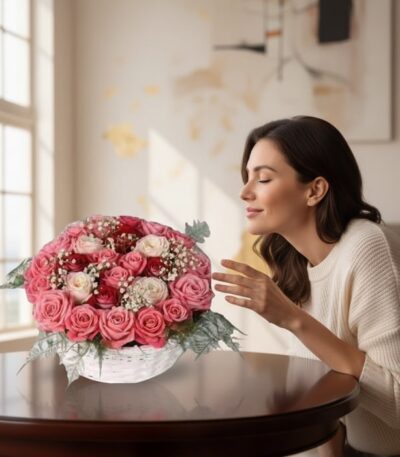 Mujer elegante admirando y oliendo una Cesta de Rosas Felicia con 21 flores bicolor (rosas y blancas) en un entorno de hogar