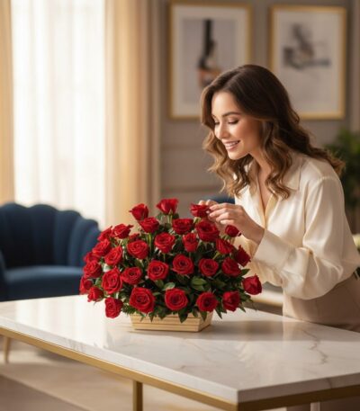 Mujer joven sonriente admirando y tocando delicadamente una cesta de 40 rosas rojas frescas en un lujoso salón con luz natura