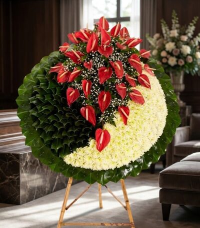 Impresionante corona fúnebre con anthuriums rojos y crisantemos blancos, presentada en una sala de velación premium con luz n