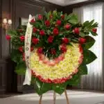 Corona fúnebre Adiós Sincero con rosas rojas y flores blancas, en una sala de velación premium con luz natural suave y bokeh.