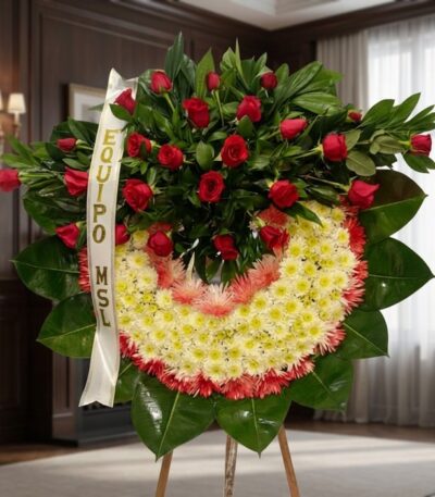 Corona fúnebre Adiós Sincero con rosas rojas y flores blancas, en una sala de velación premium con luz natural suave y bokeh.