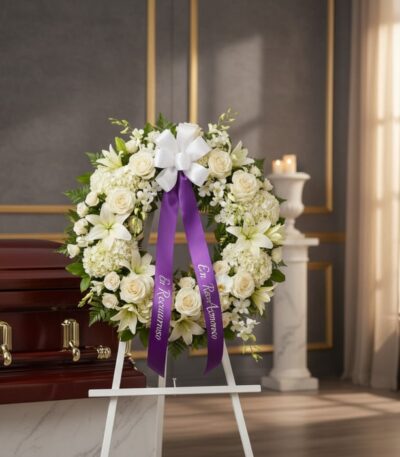 Corona fúnebre Almudena con flores blancas, cinta morada 'En Recuerdo Amoroso', junto a un ataúd en sala de velación premium.