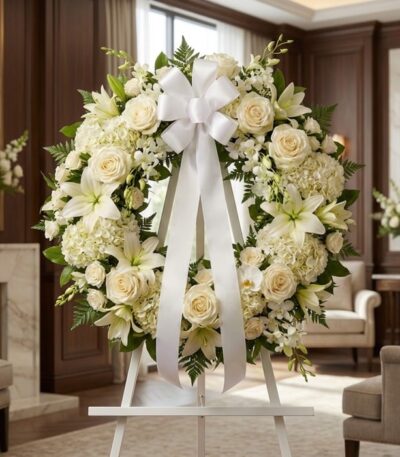 Corona fúnebre Almudena con rosas blancas, lirios y hortensias, lazo de satén, en sala de velación premium con luz natural su