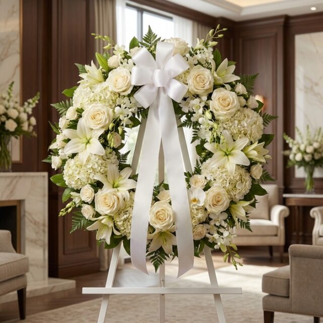 Corona fúnebre Almudena con rosas blancas, lirios y hortensias, lazo de satén, en sala de velación premium con luz natural su