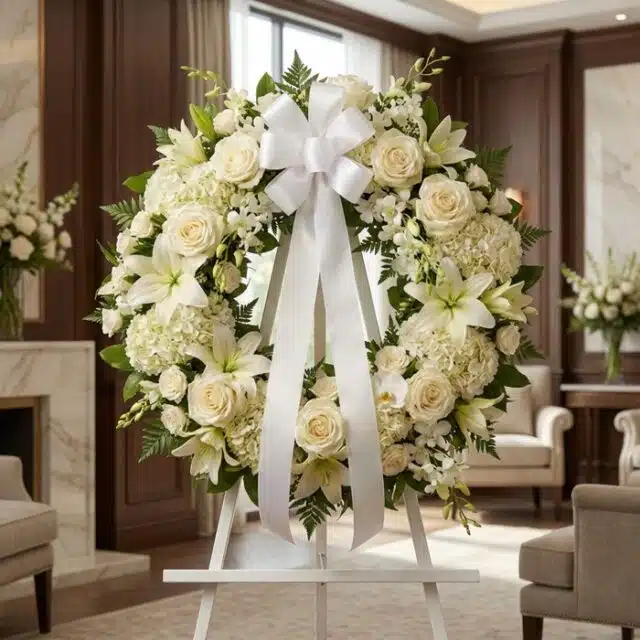 Corona fúnebre Almudena con rosas blancas, lirios y hortensias, lazo de satén, en sala de velación premium con luz natural su