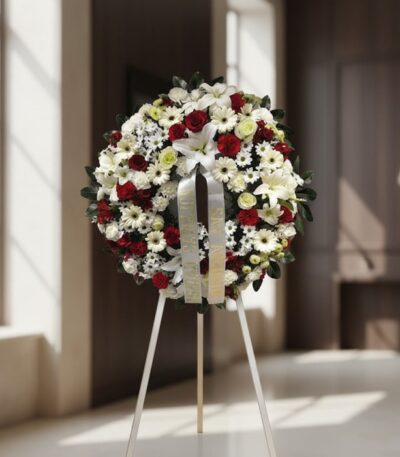 Corona de homenaje fúnebre Ararat con flores blancas y rojas, lirios, rosas y margaritas, sobre un trípode en una sala de vel