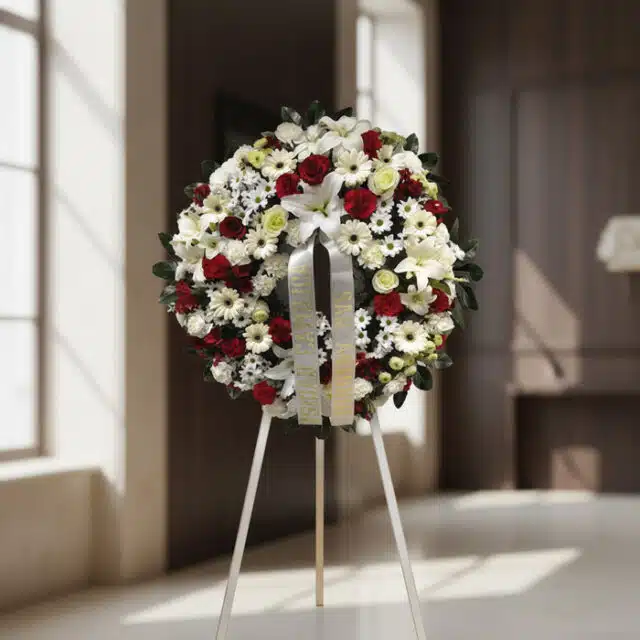 Corona de homenaje fúnebre Ararat con flores blancas y rojas, lirios, rosas y margaritas, sobre un trípode en una sala de vel